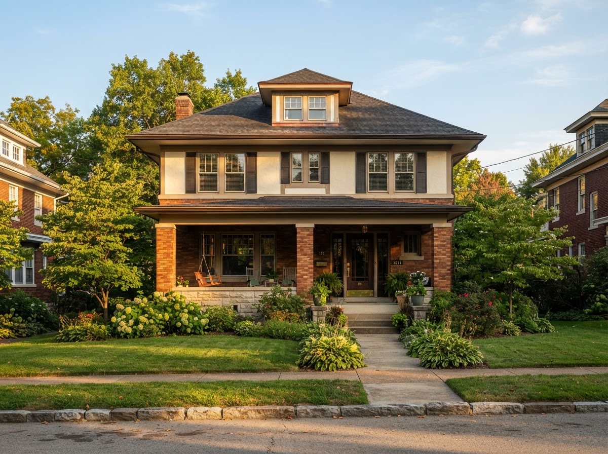 American Foursquare home in Greater Cincinnati with boxy two-story form and full porch