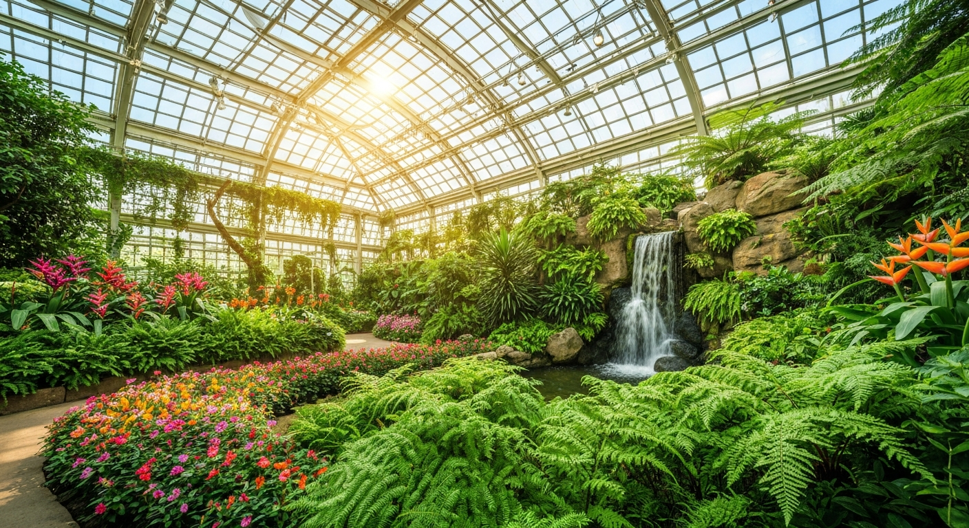A beautiful, lush indoor tropical greenhouse conservatory filled with vibrant exotic flowers and ferns