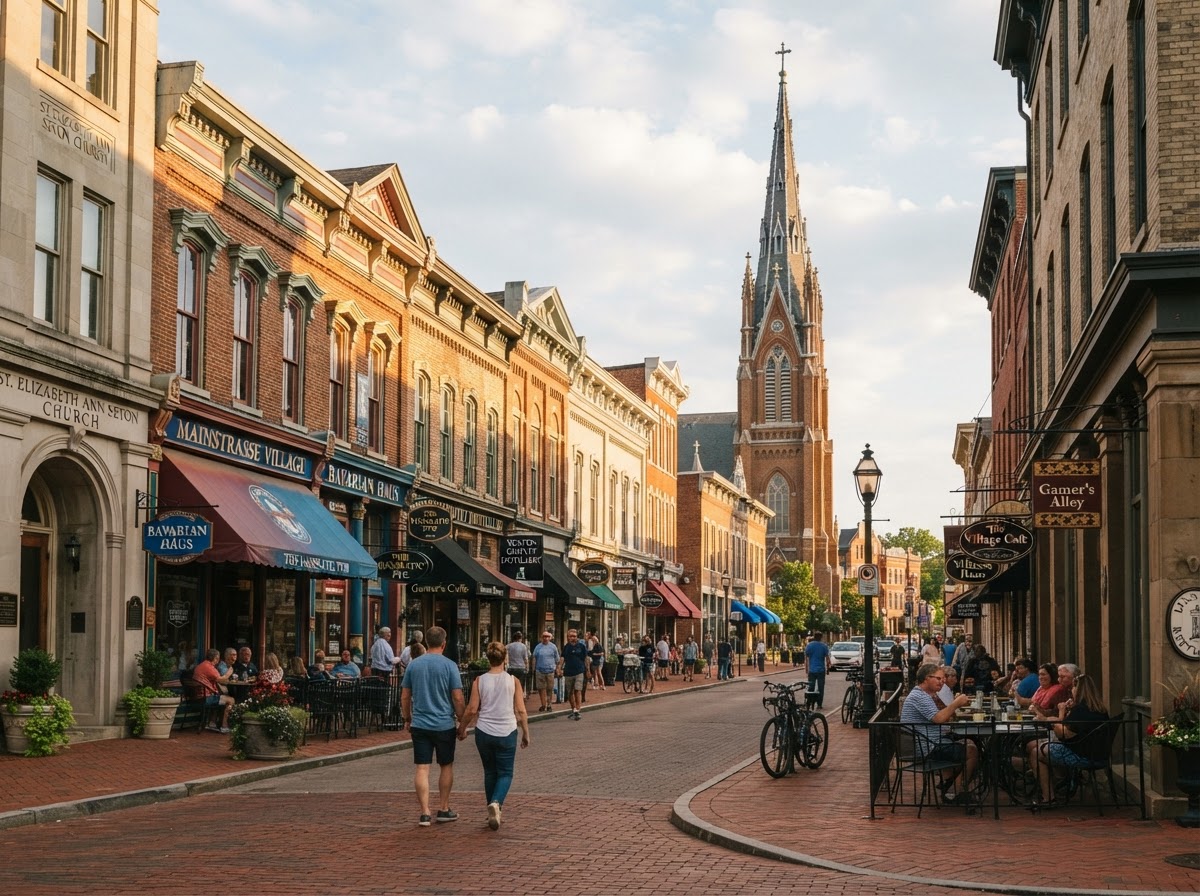 Historic German heritage commercial district with brick streets and restored storefronts in MainStrasse Village Covington Kentucky