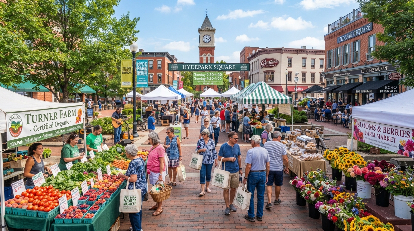 A vibrant summer outdoor farmers market on Hyde Park Square in Cincinnati Ohio