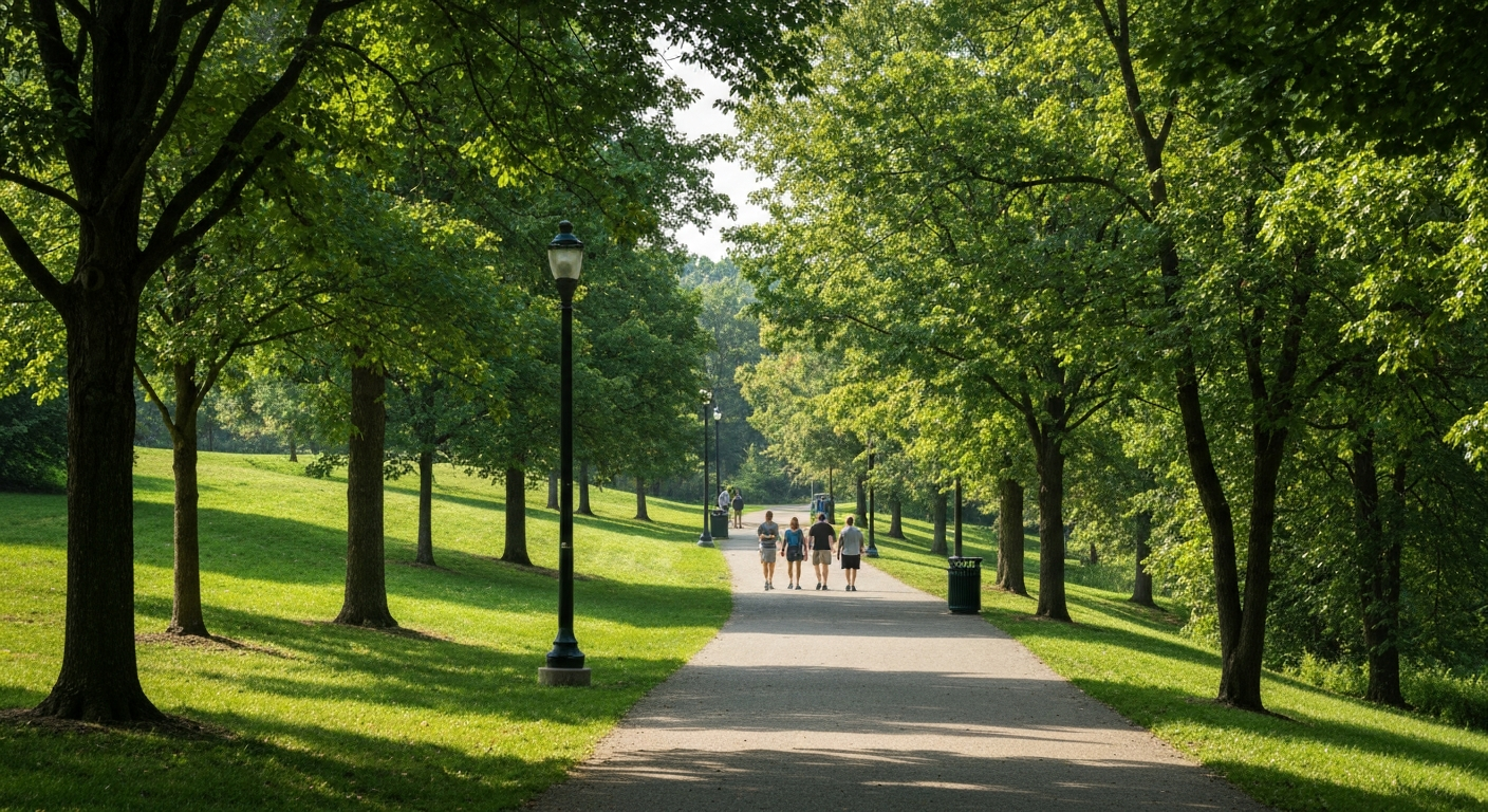 Peaceful walking trails and lush green trees in a Greater Cincinnati park