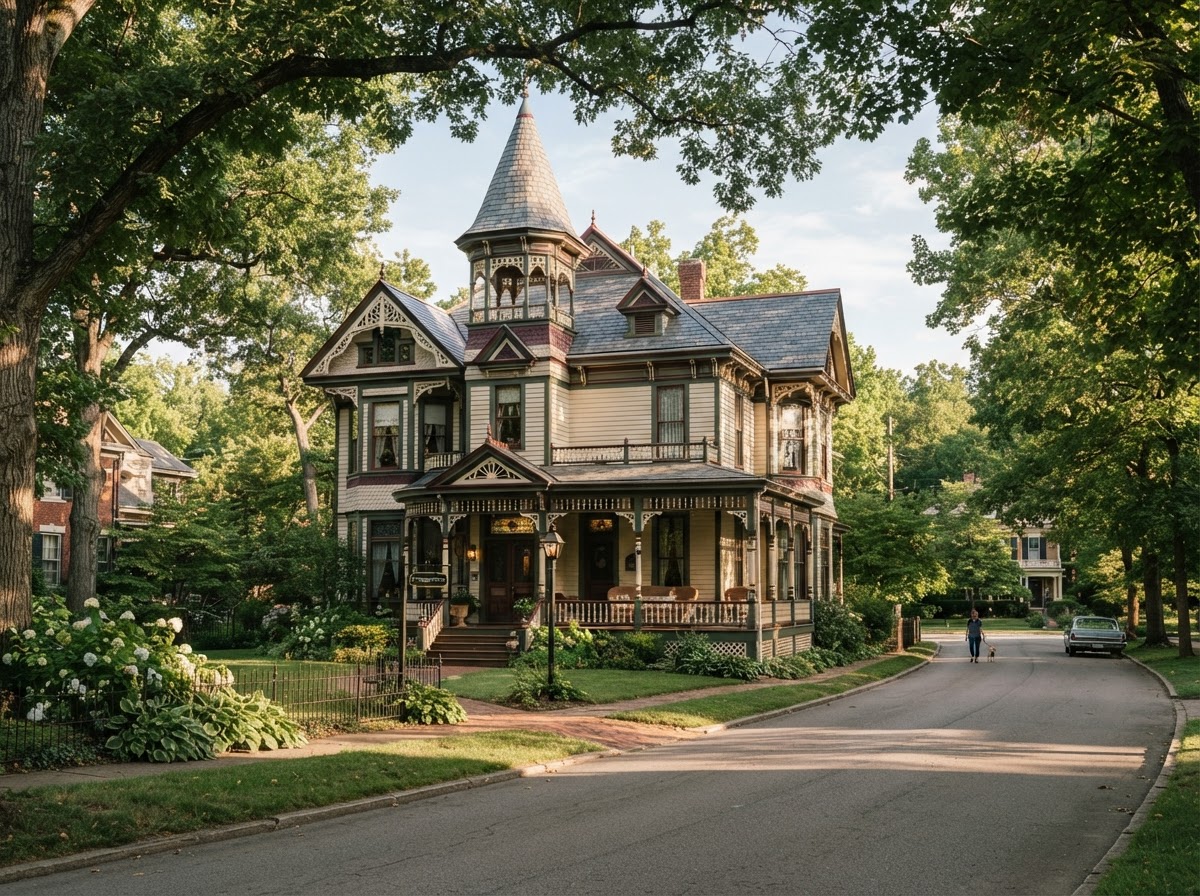 Victorian home beneath mature tree canopy on winding village street in Glendale Ohio National Historic Landmark
