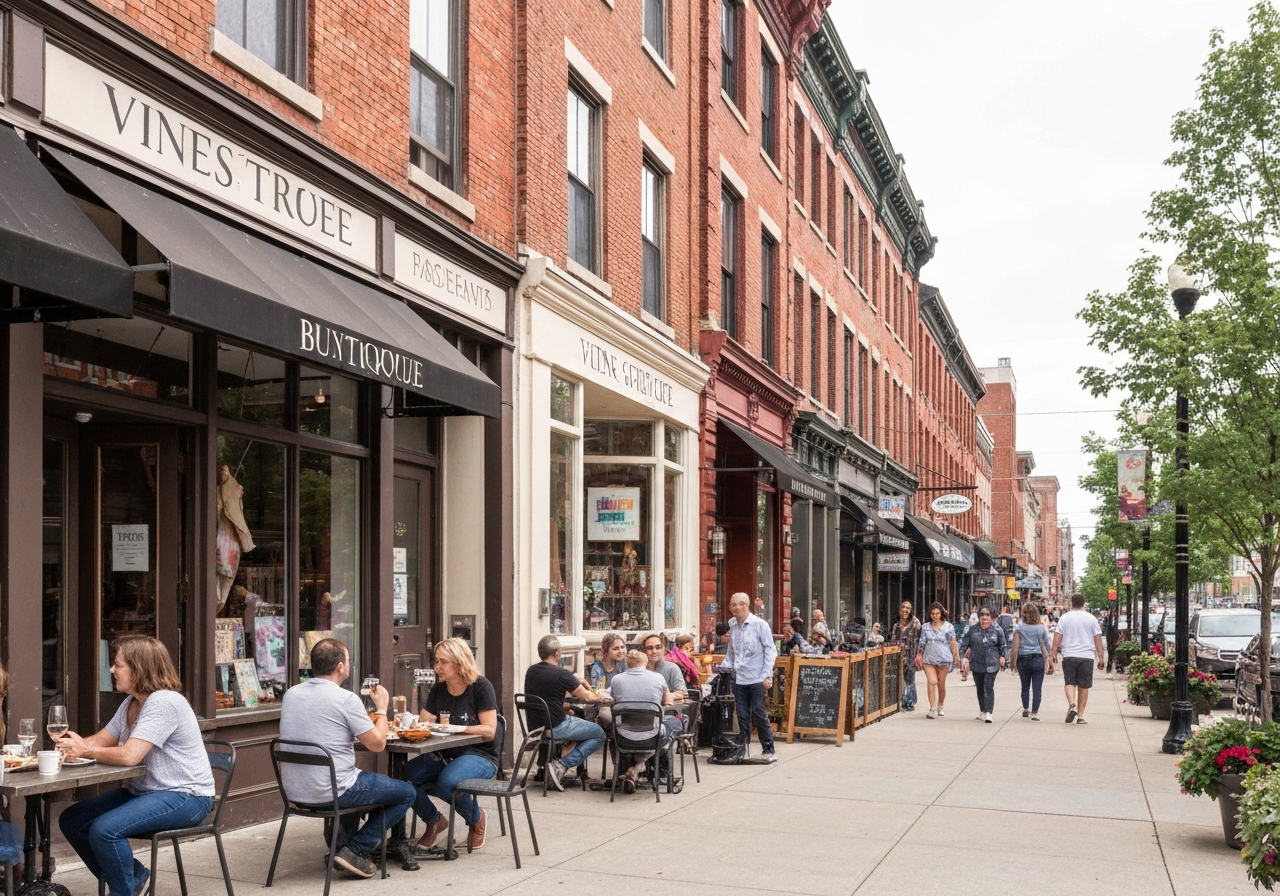 Vine Street in Over-the-Rhine showing outdoor dining, boutique storefronts, and historic brick buildings.