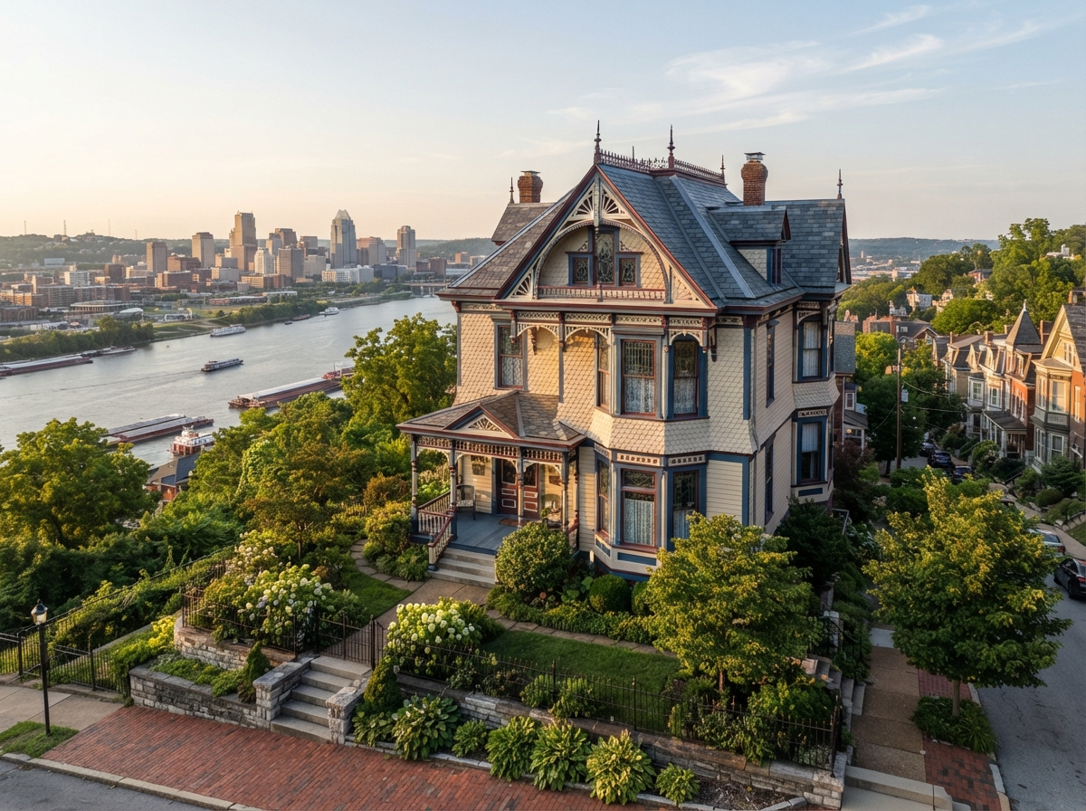 Preserved Victorian home on hillside overlooking Ohio River with elevated topography in Dayton Kentucky
