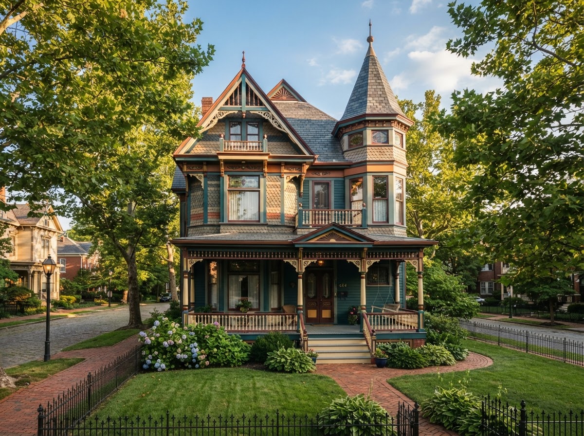Beautifully preserved Victorian home with ornate trim and decorative porch on tree-lined block in East Row Historic District Newport Kentucky