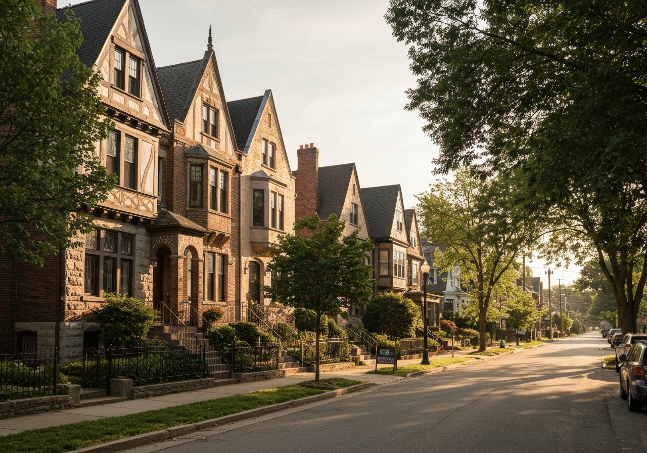 Historic Tudor architecture homes and tree-lined streets in Mariemont, Ohio on a sunny afternoon.