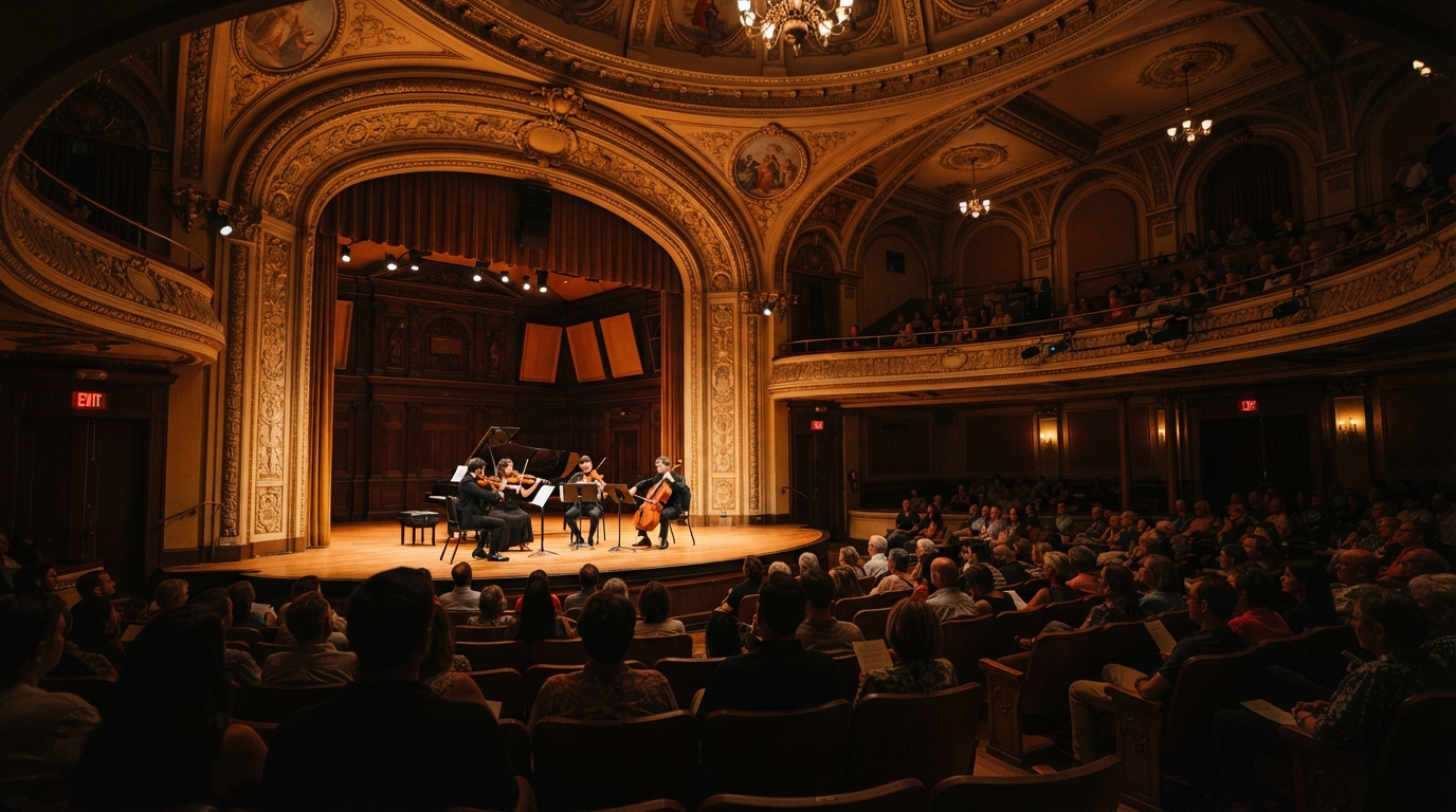 Historic interior of Memorial Hall in Over-the-Rhine during a classical chamber music performance