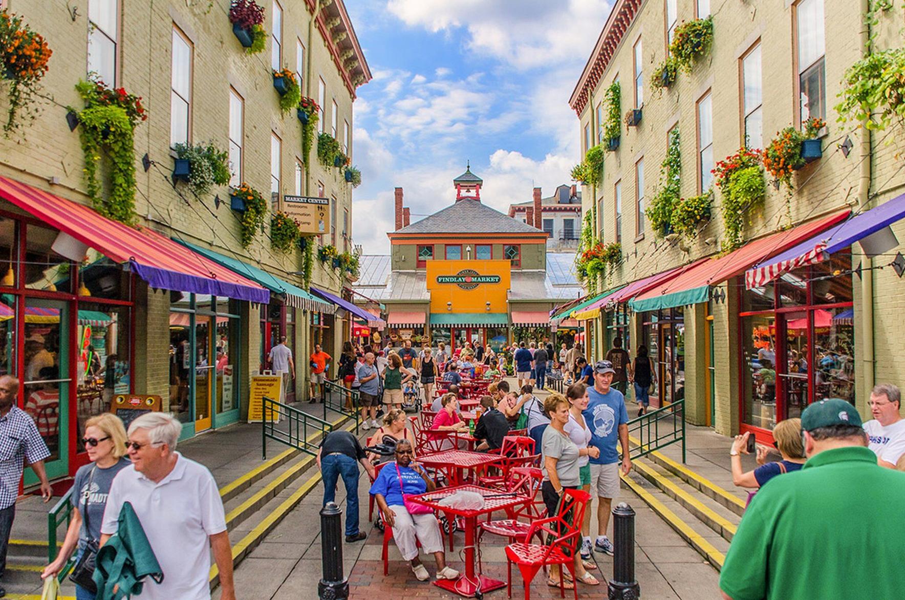 Bustling atmosphere at Findlay Market in Cincinnati with fresh produce and local vendors