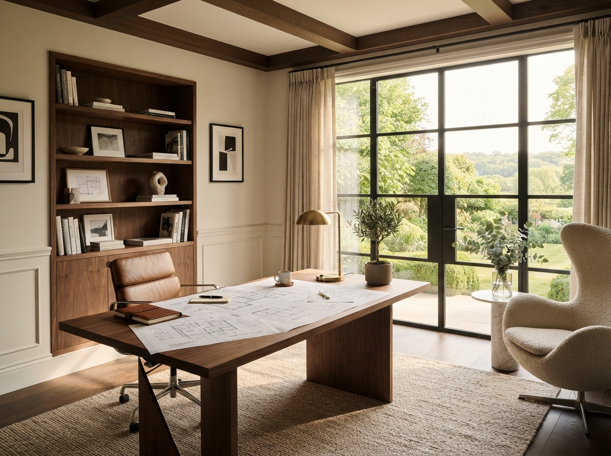 Tasteful home office with architectural details and floor plans — Study step