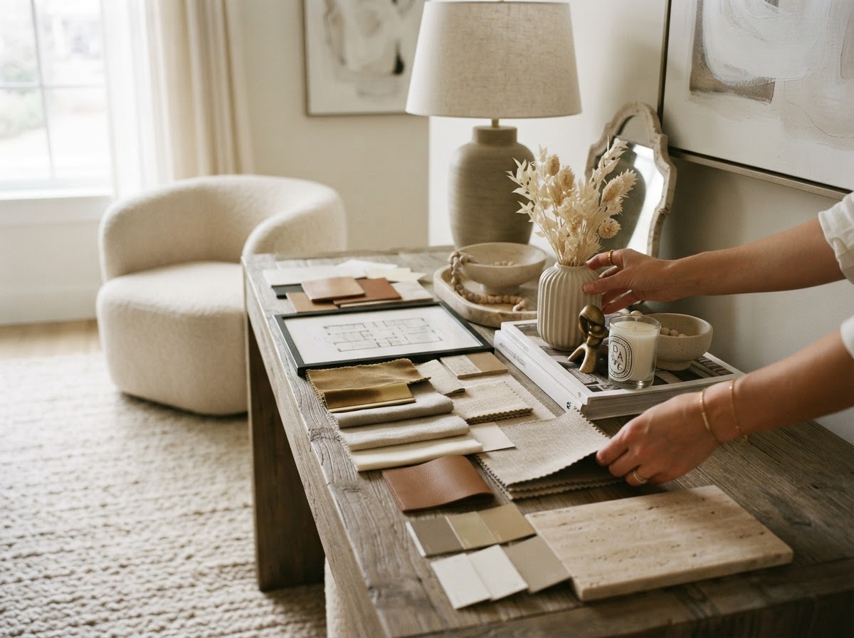 Hands styling luxury home décor with design materials — Position step