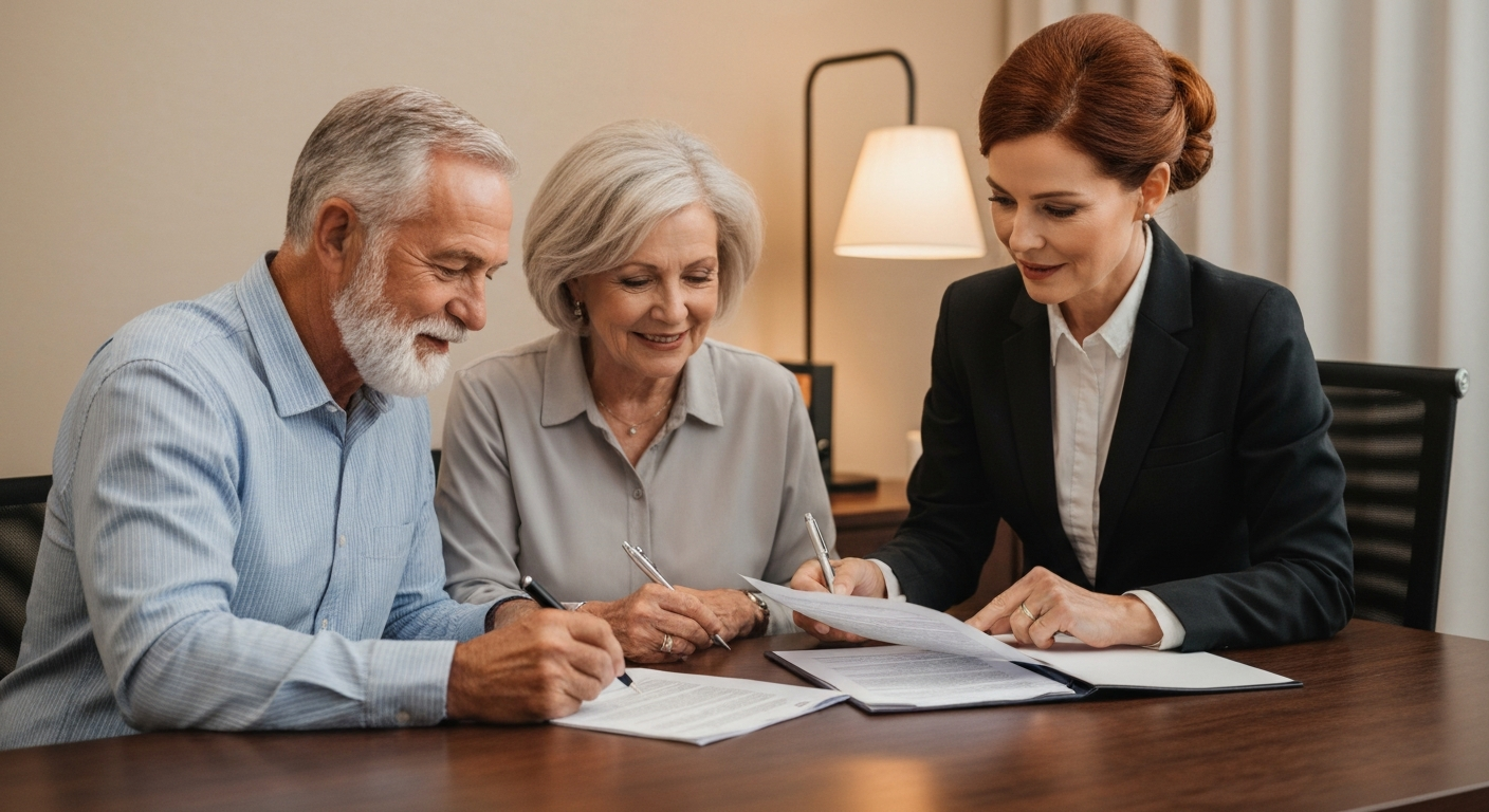 Older couple signing documents with an attorney