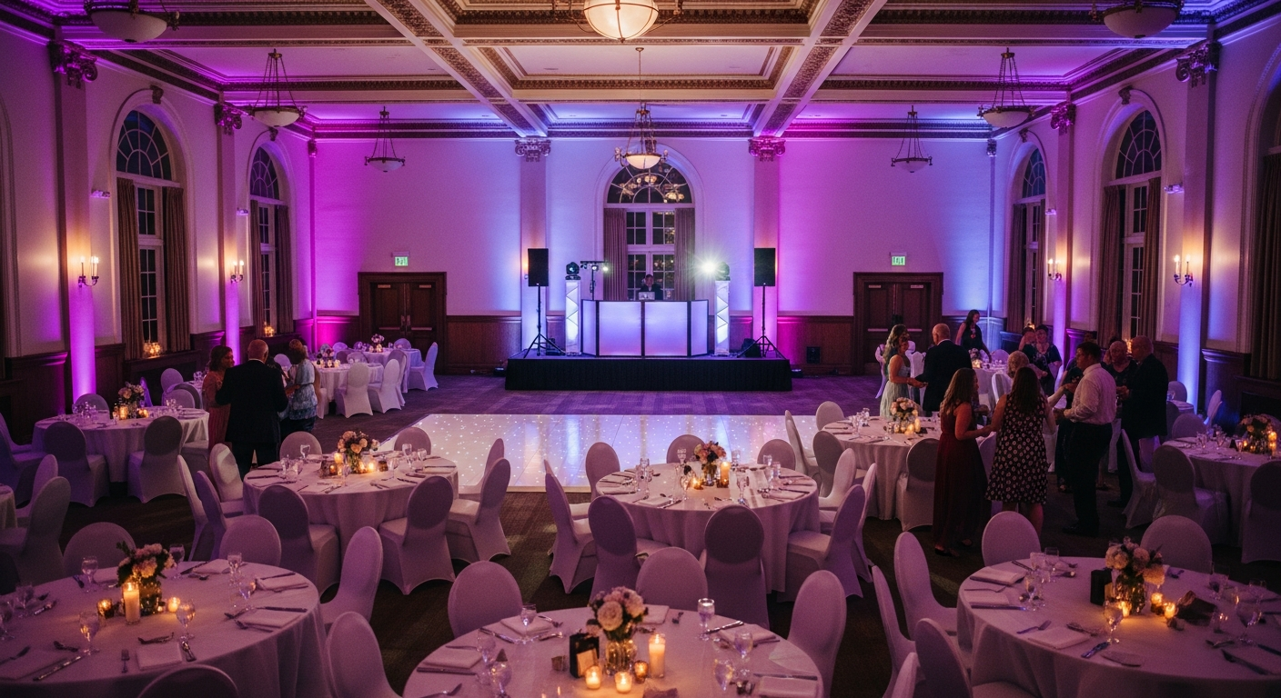 Fully lit wedding reception hall with DJ booth and custom purple and blue uplighting at a Valparaiso Indiana venue.