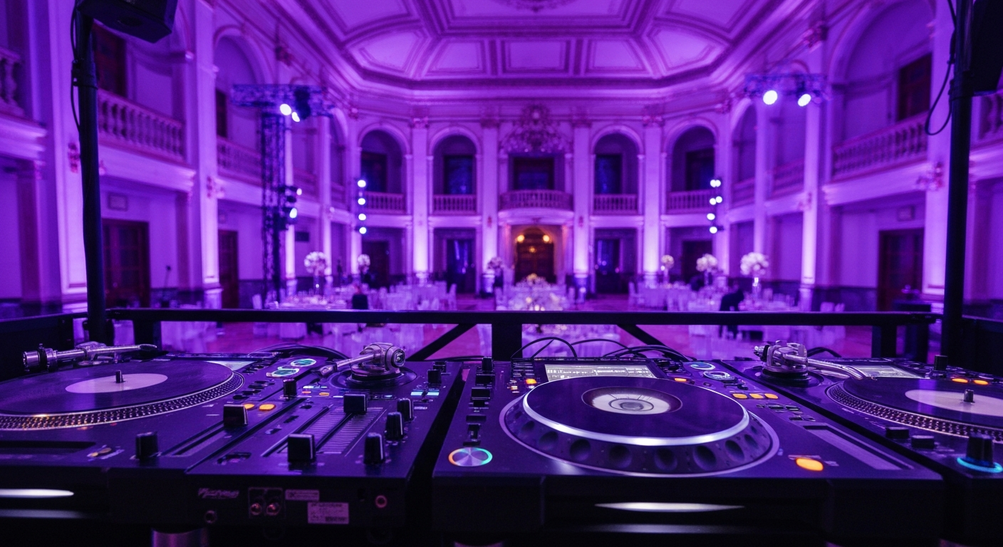 Luxury wedding DJ setup with vibrant uplighting
