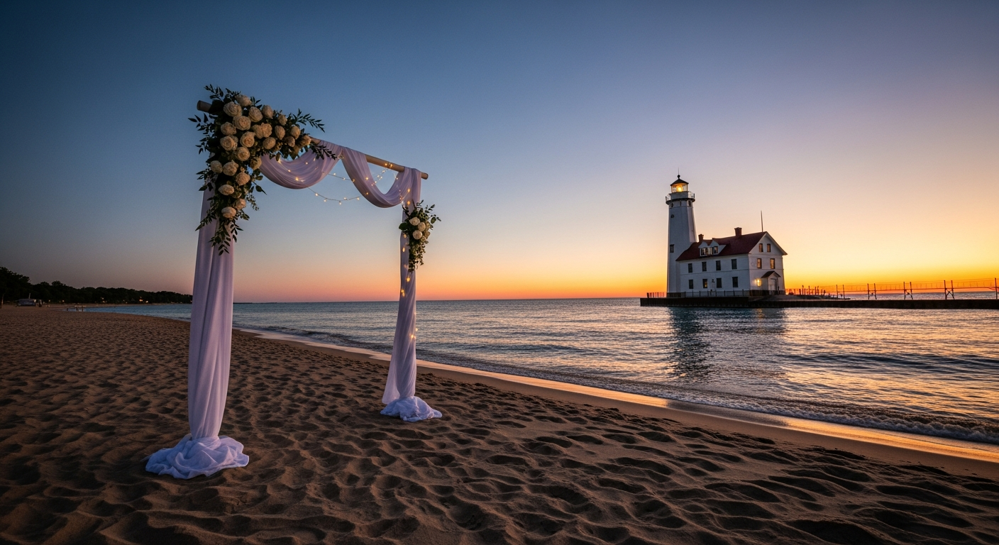 Beachfront scene including the Michigan City lighthouse at dusk representing Southlake Sound Co service area.