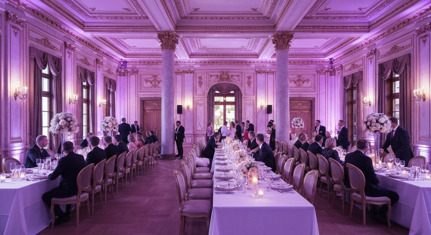 Elegant wedding reception hall transformed by ambient uplighting