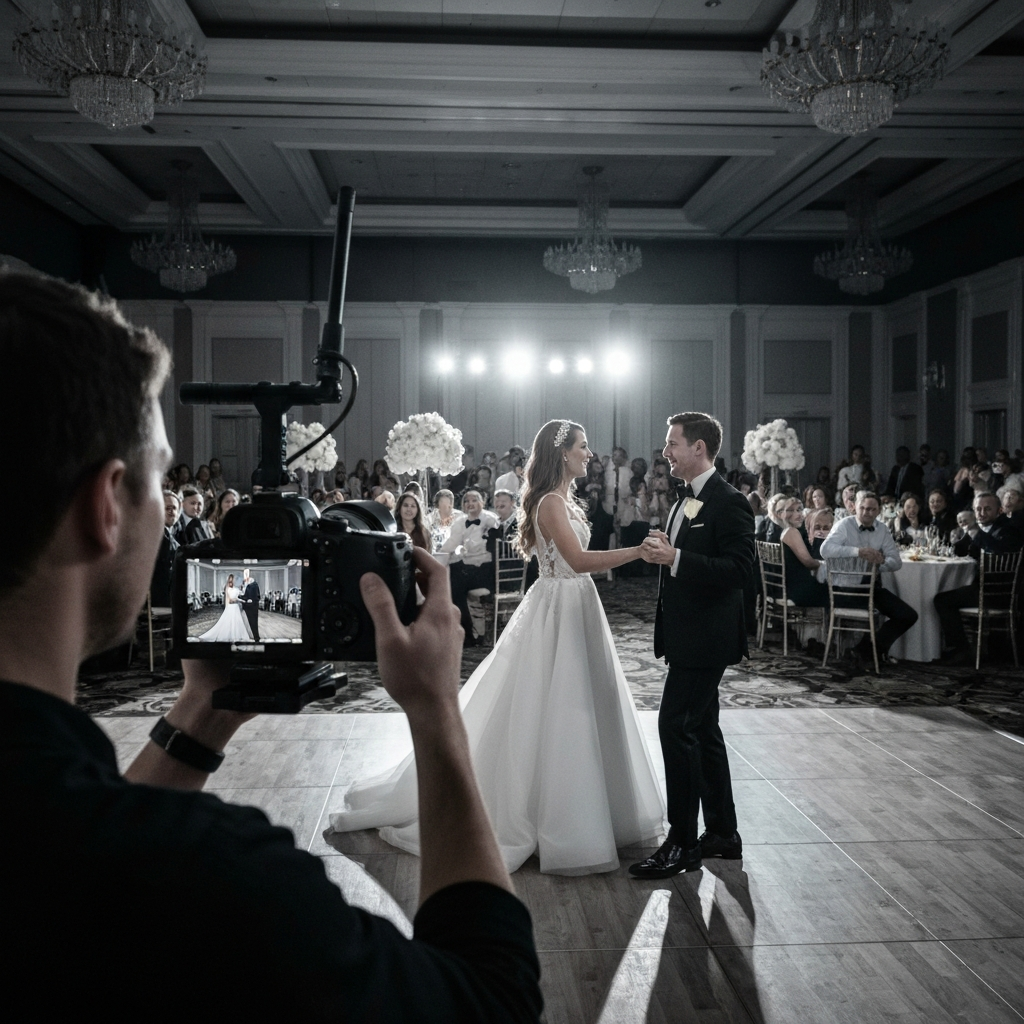 Wedding videographer capturing first dance with a full house of guests watching in Valparaiso Indiana.