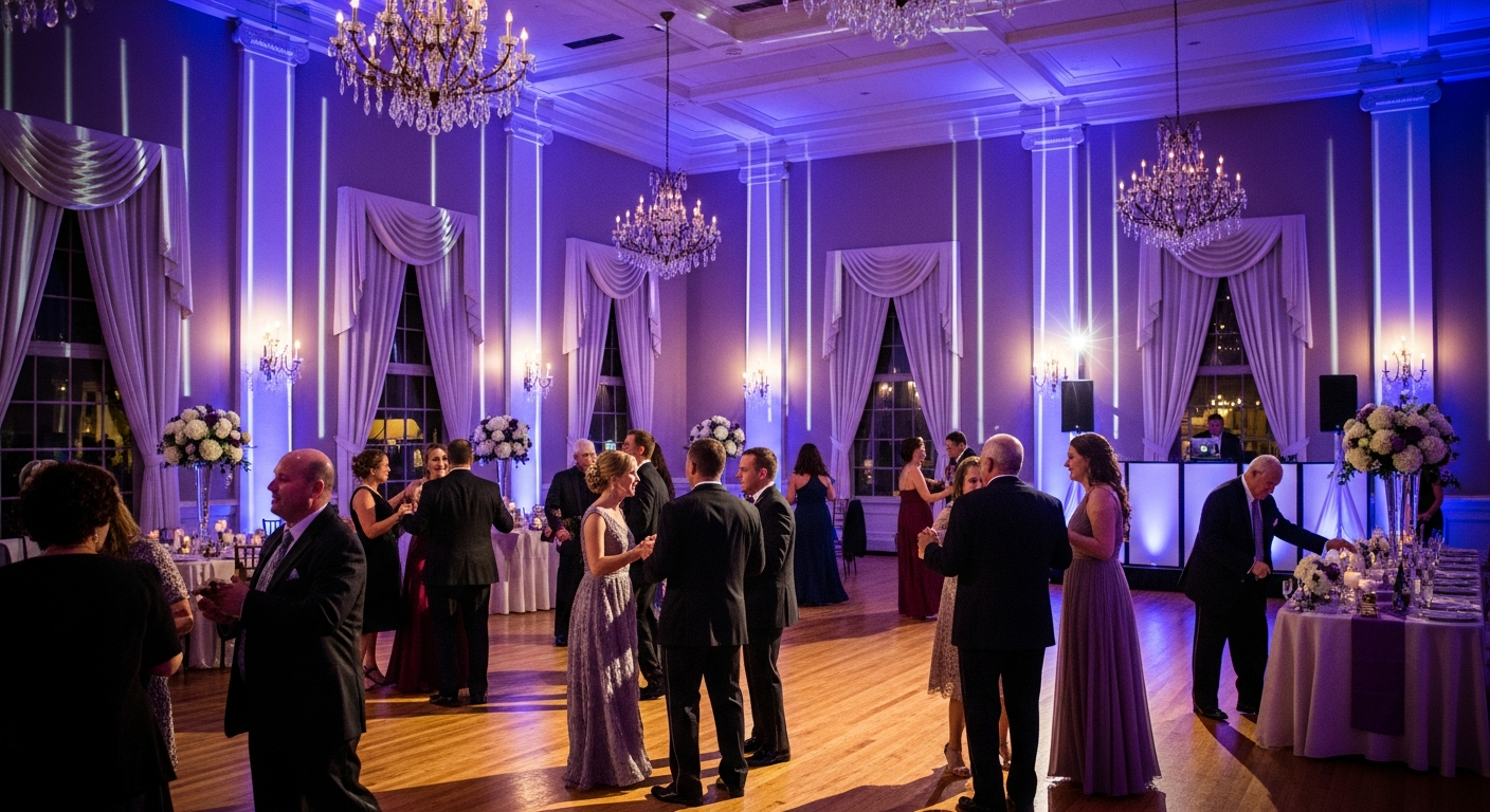Elegant wedding reception dance floor with purple and blue uplighting at a Valparaiso Indiana venue.