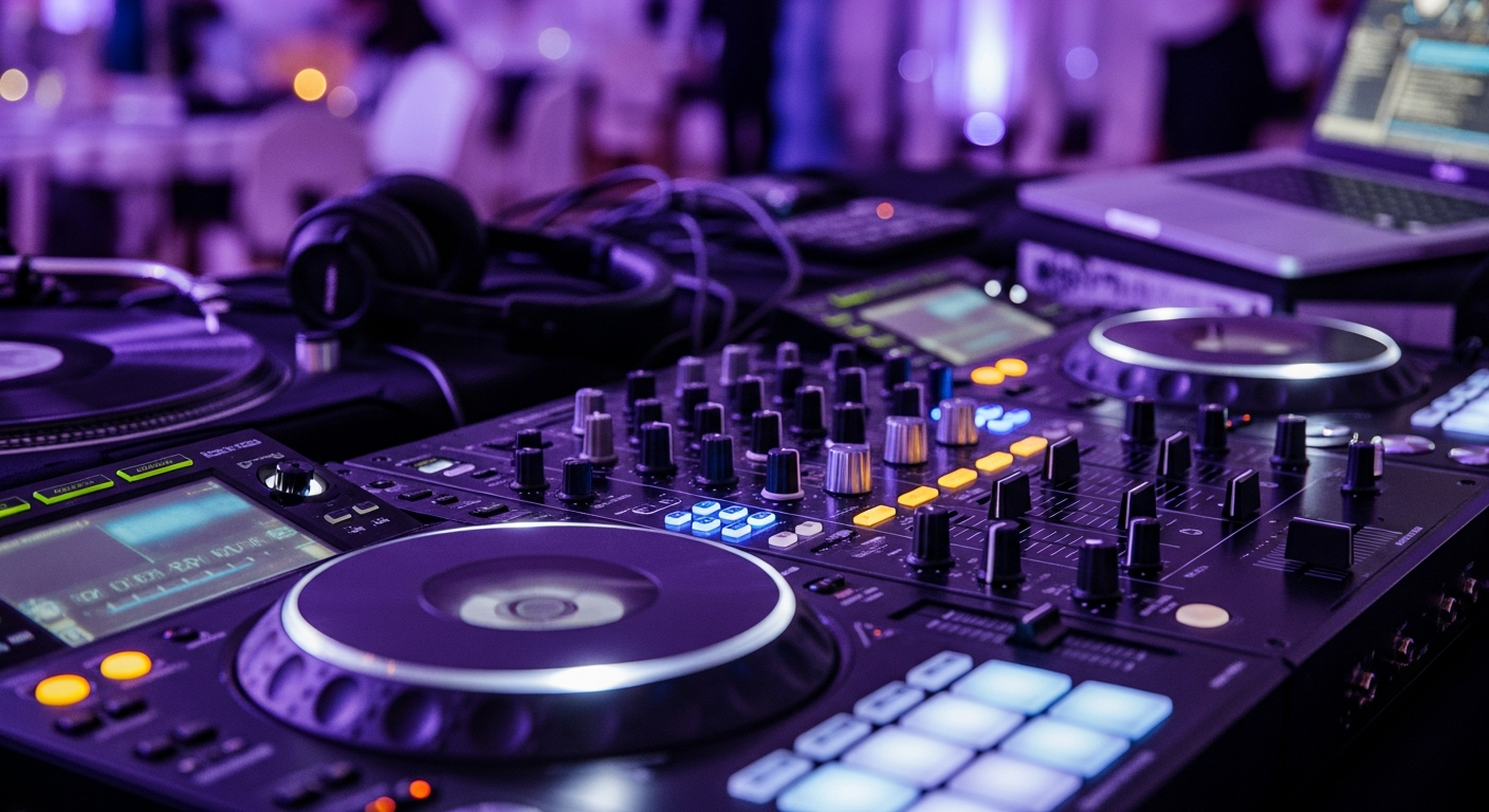 Professional DJ mixer and audio equipment glowing with ambient purple and blue lighting at a luxury wedding reception venue in Valparaiso Indiana.