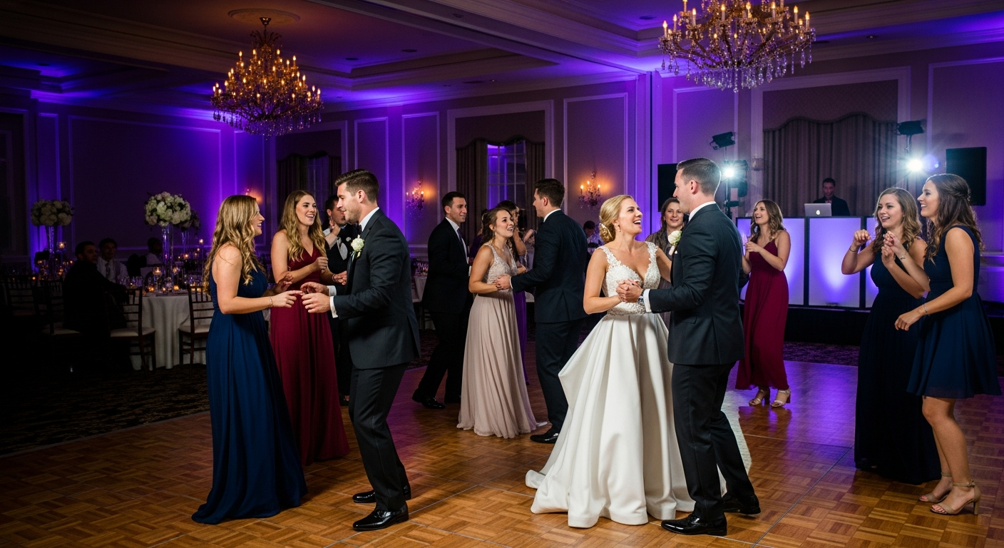 Elegant wedding reception dance floor with purple and blue uplighting at a Valparaiso Indiana venue.