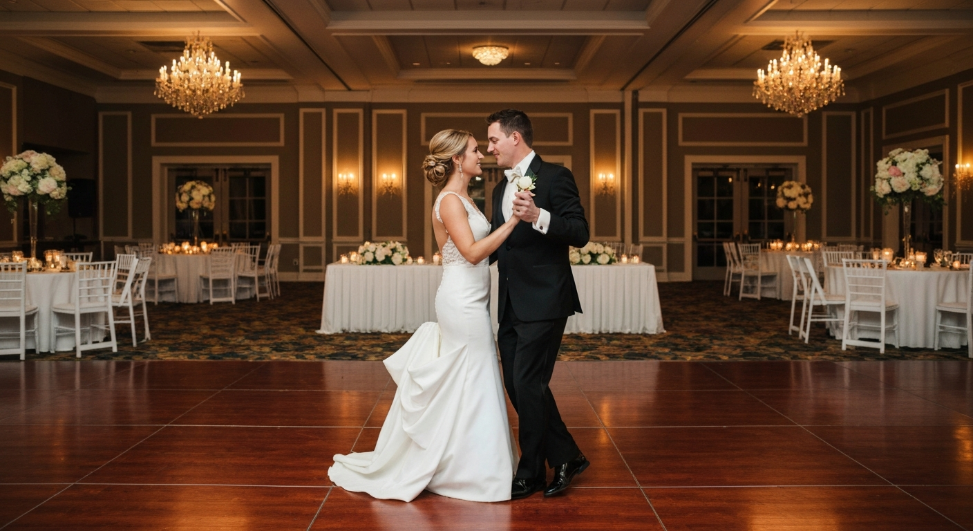 Bride and groom sharing first dance on an elegantly lit wedding dance floor in Valparaiso Indiana.
