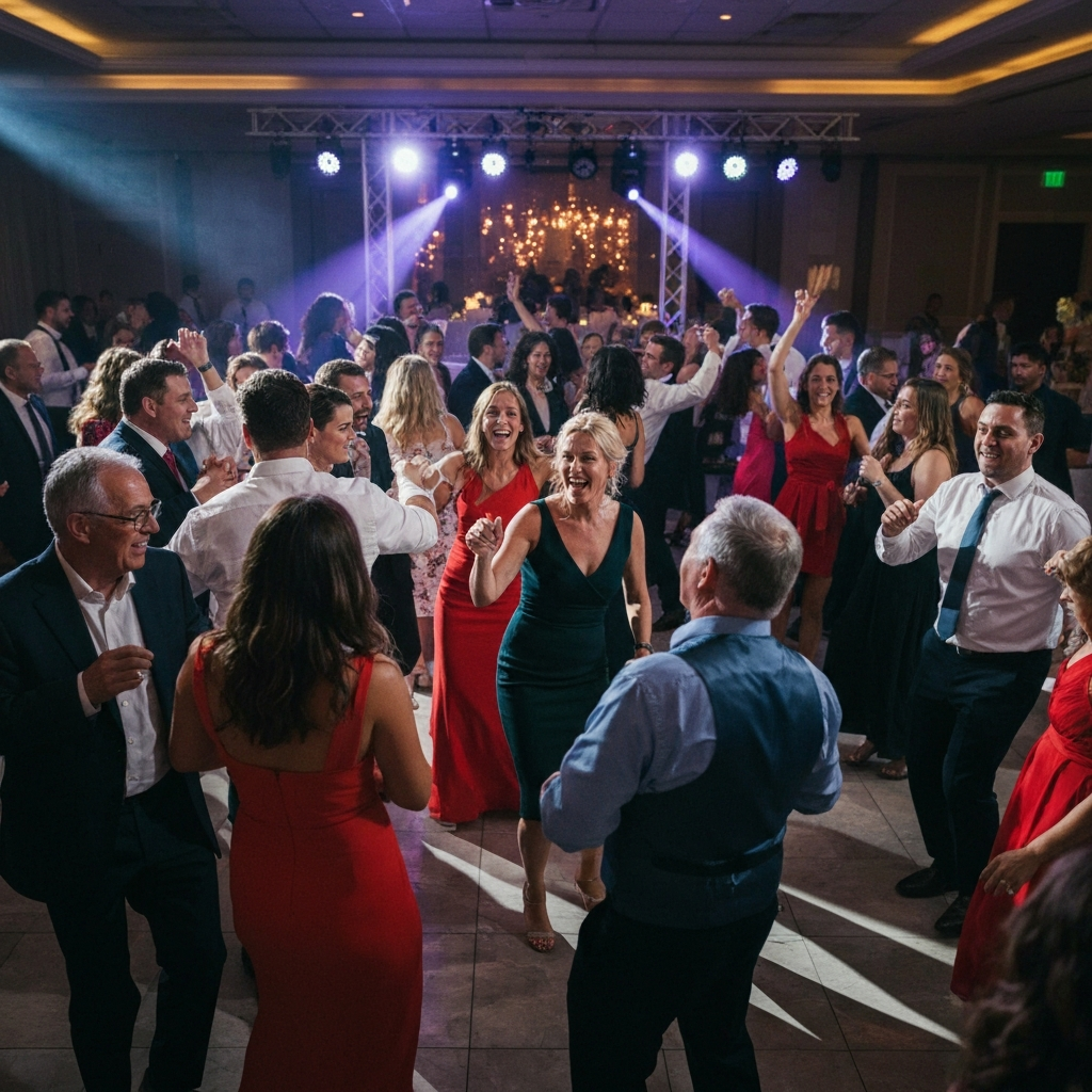 Packed wedding dance floor with dynamic lighting