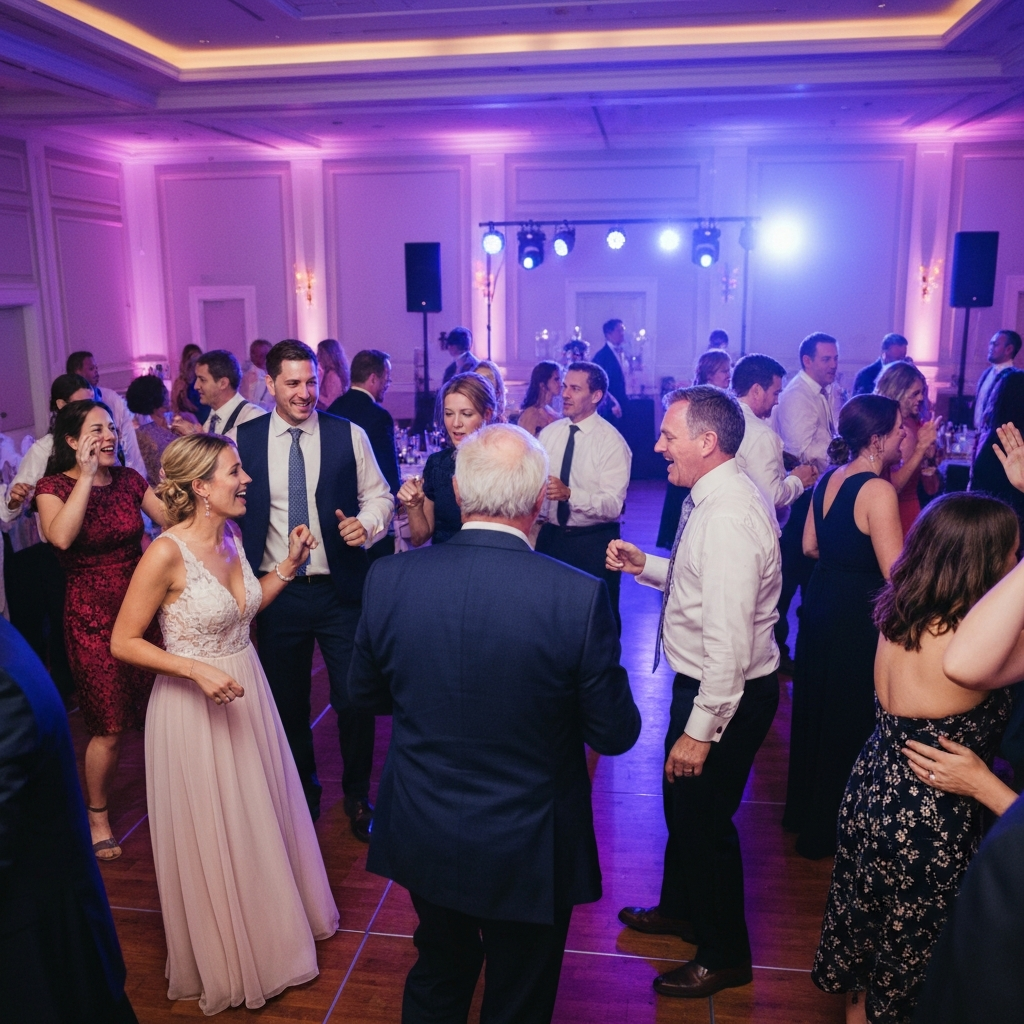 Packed wedding dance floor with beautiful guests celebrating in Valparaiso Indiana.