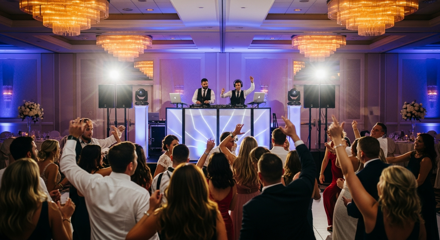 Wedding guests dancing in foreground with two professional DJs performing at an illuminated booth against the wall in a luxury ballroom.
