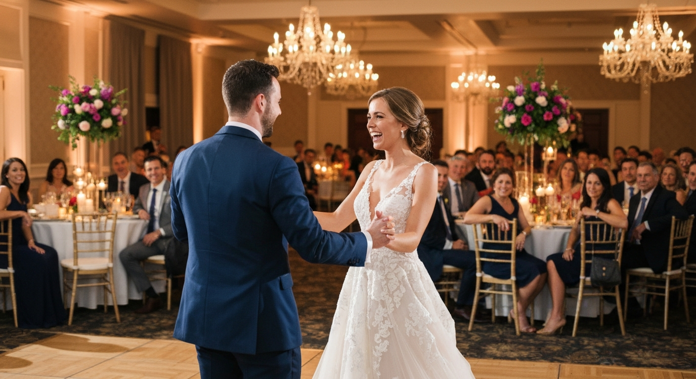 Bride and groom sharing their first dance with a full house of guests watching