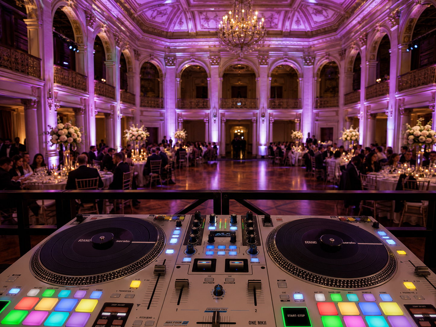 Elegant wedding reception hall transformed by ambient uplighting