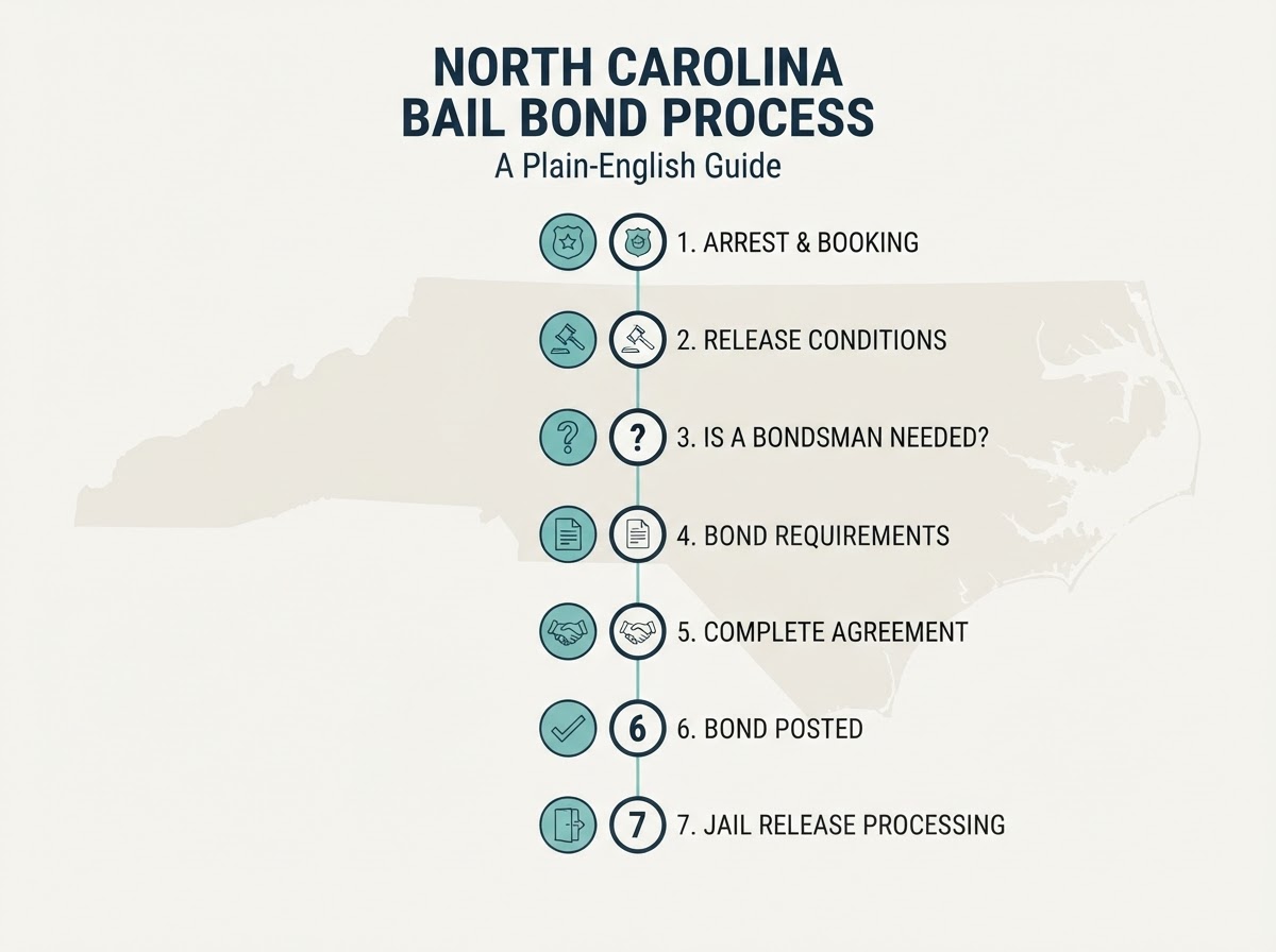 Illustrated guide to how bail bonds work in North Carolina, showing the process from arrest and booking to release conditions, secured bond, paperwork, and jail release