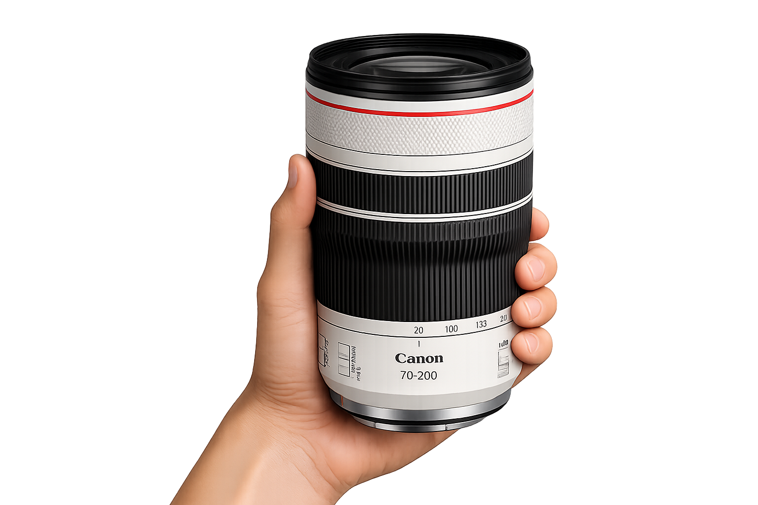 Hand holding Canon 70-200mm lens — sell your camera gear for cash