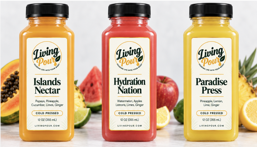 Living Pour Cold Pressed Juice — Islands Nectar, Hydration Nation, Paradise Press