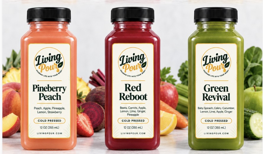 Living Pour Cold Pressed Juice — Pineberry Peach, Red Reboot, Green Revival