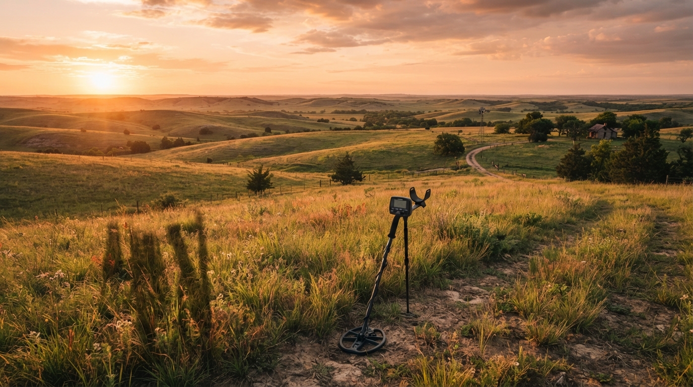 Oklahoma prairie landscape at golden hour with a metal detector in the field