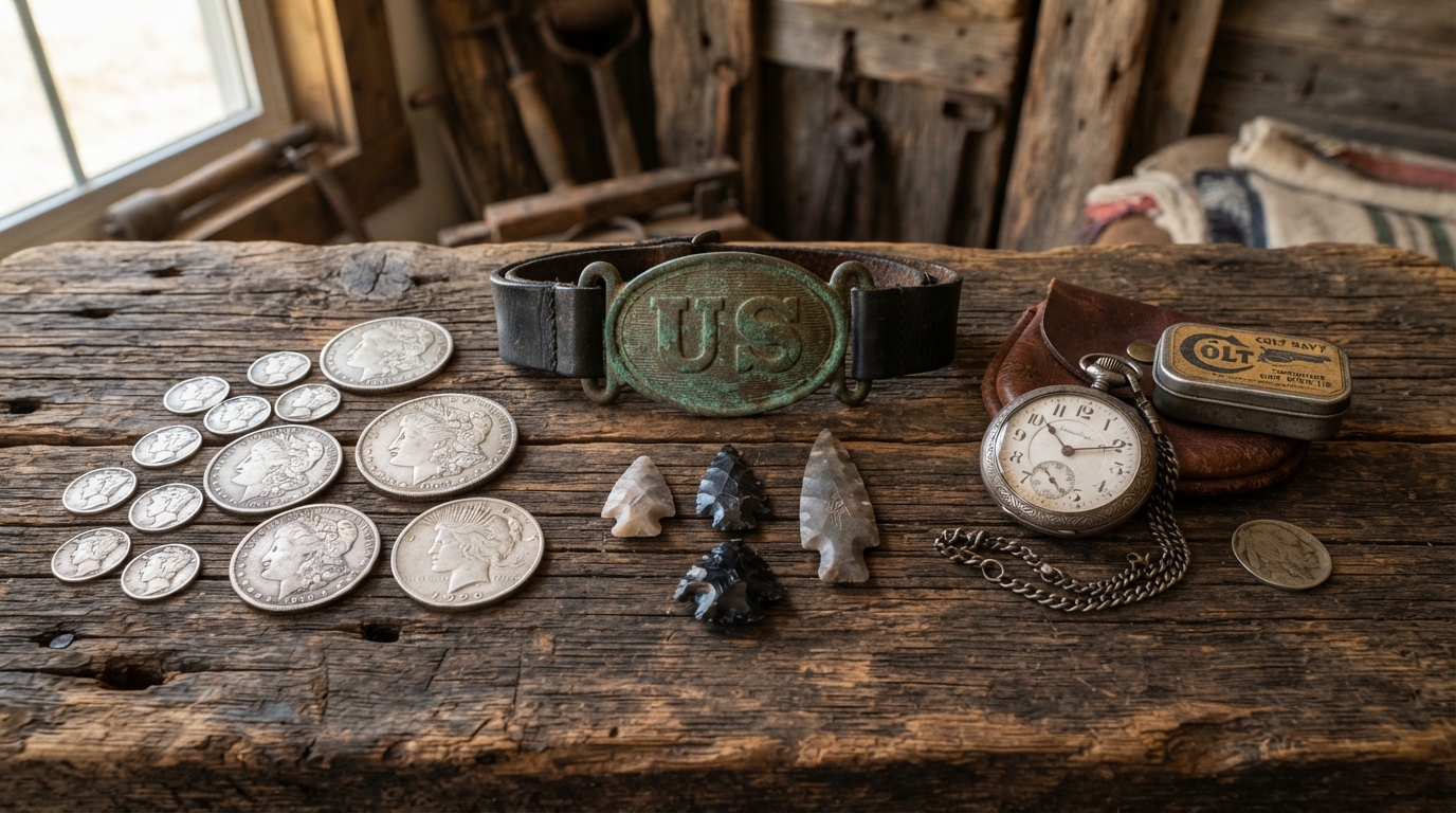 Historic Oklahoma treasure artifacts including silver coins, gold coins, Civil War relics, and arrowheads