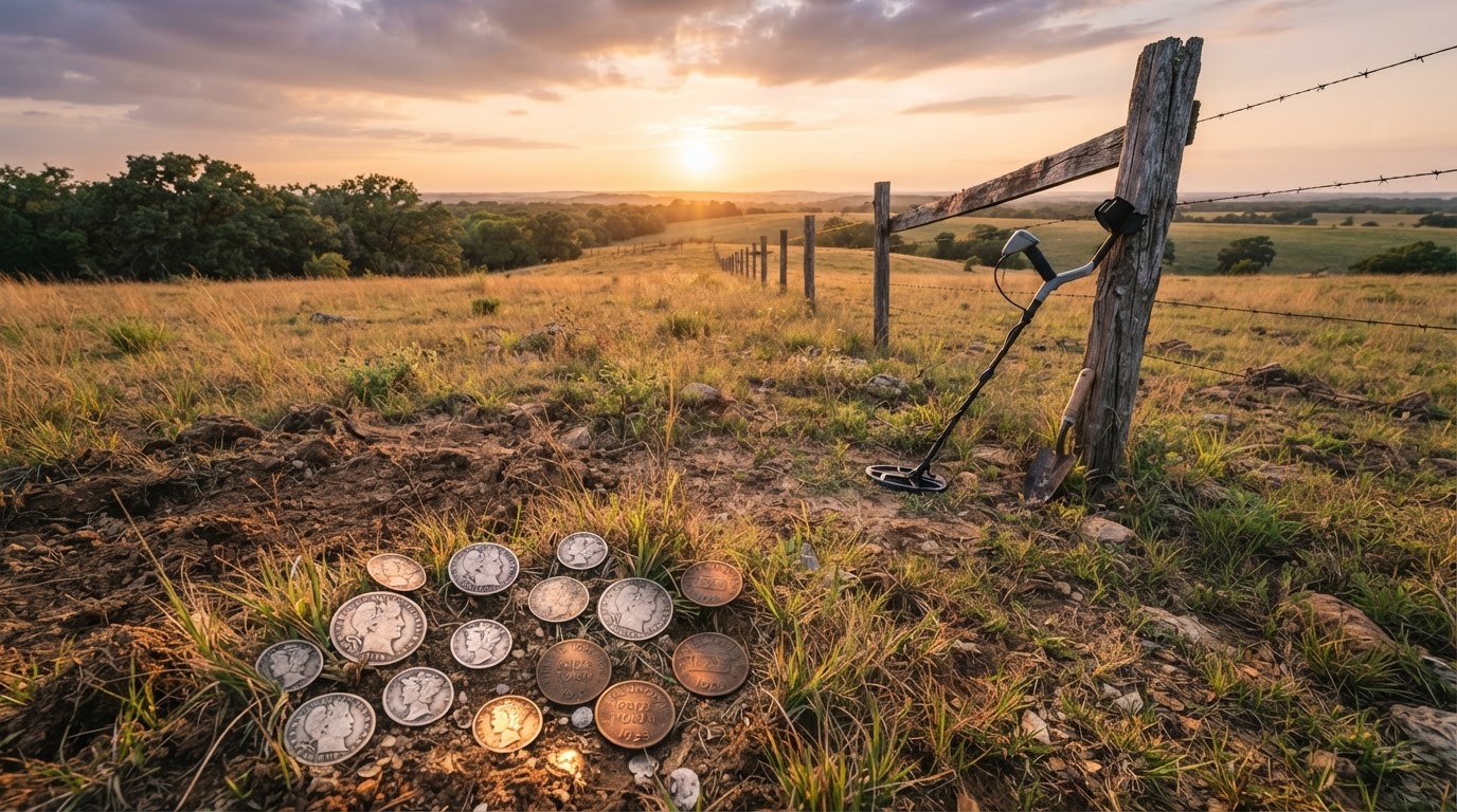 Metal detecting hunt in an Oklahoma field with silver coins and prize tokens