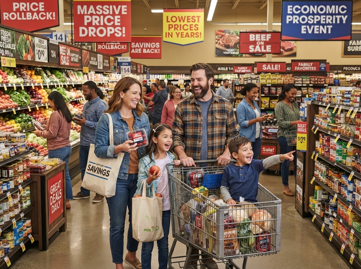 American family shopping with falling prices