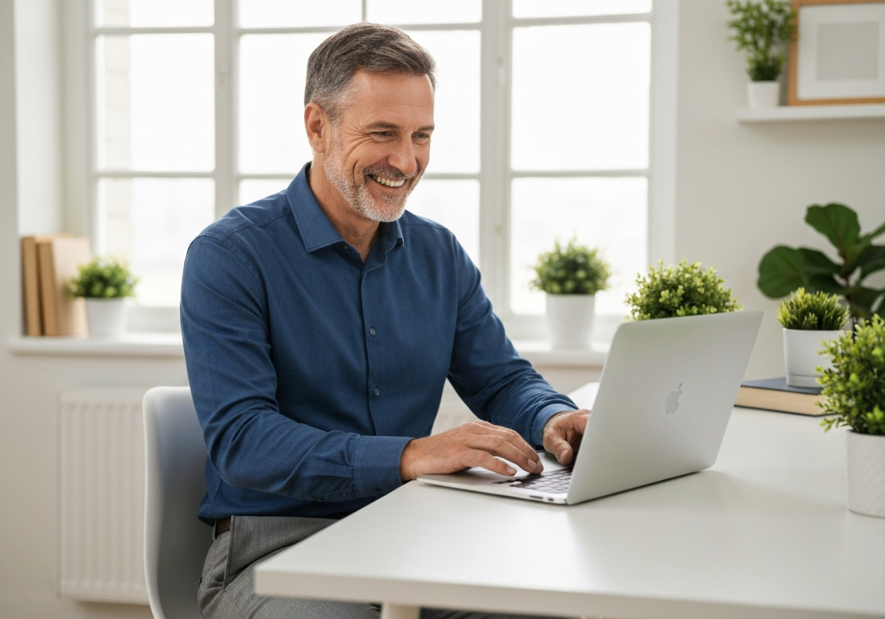 Happy middle-aged man working on a laptop