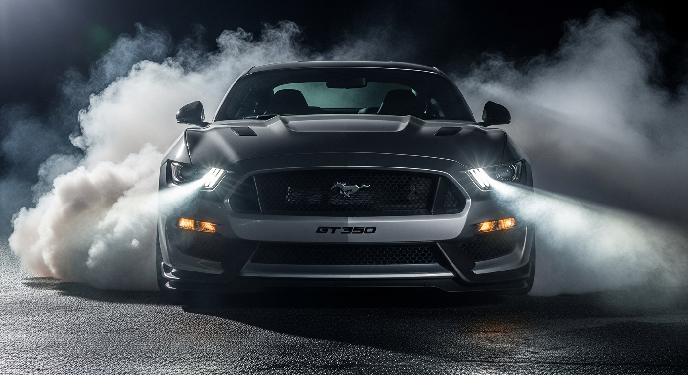 Mustang GT350 in the dark with smoke and headlights