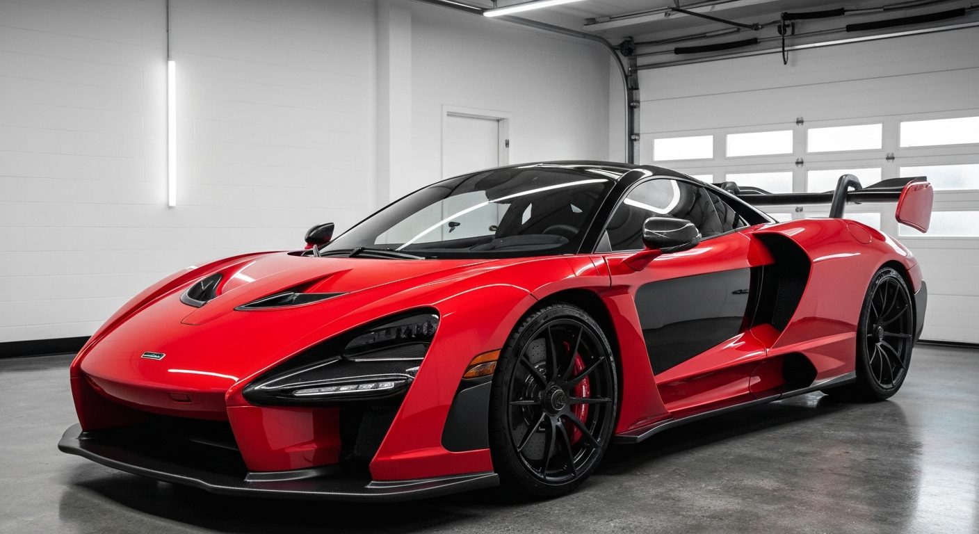 Glossy freshly detailed luxury exotic car in a clean upscale driveway