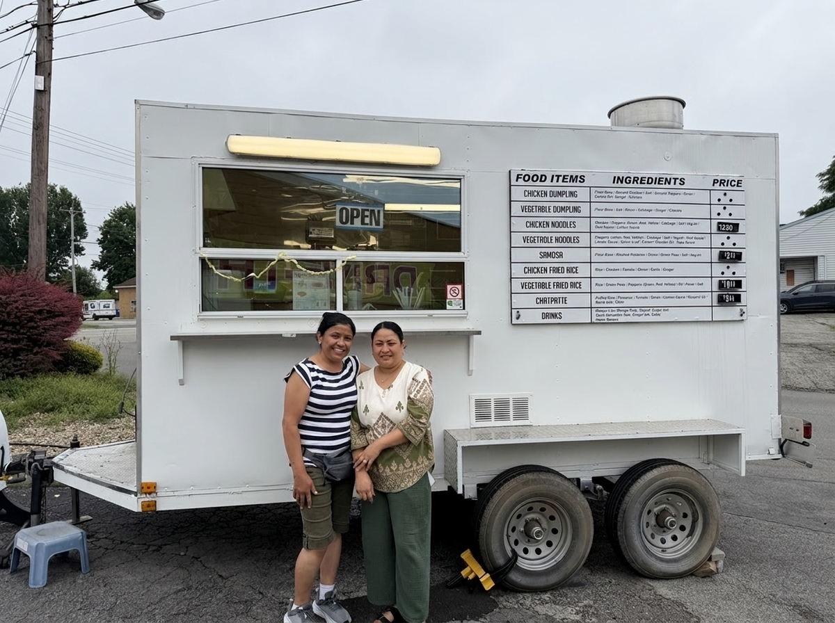 Ambika and Deepa standing in front of the P.K. Curry House Food Truck in Youngstown, Ohio