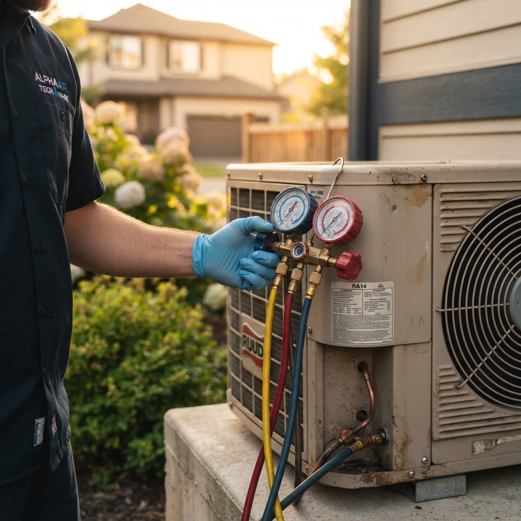 HVAC technician servicing a residential condenser unit