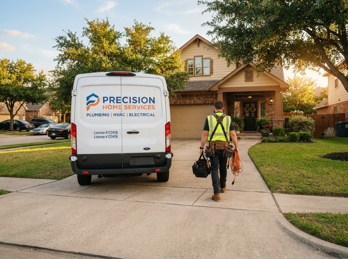 Service van parked at a residential job site