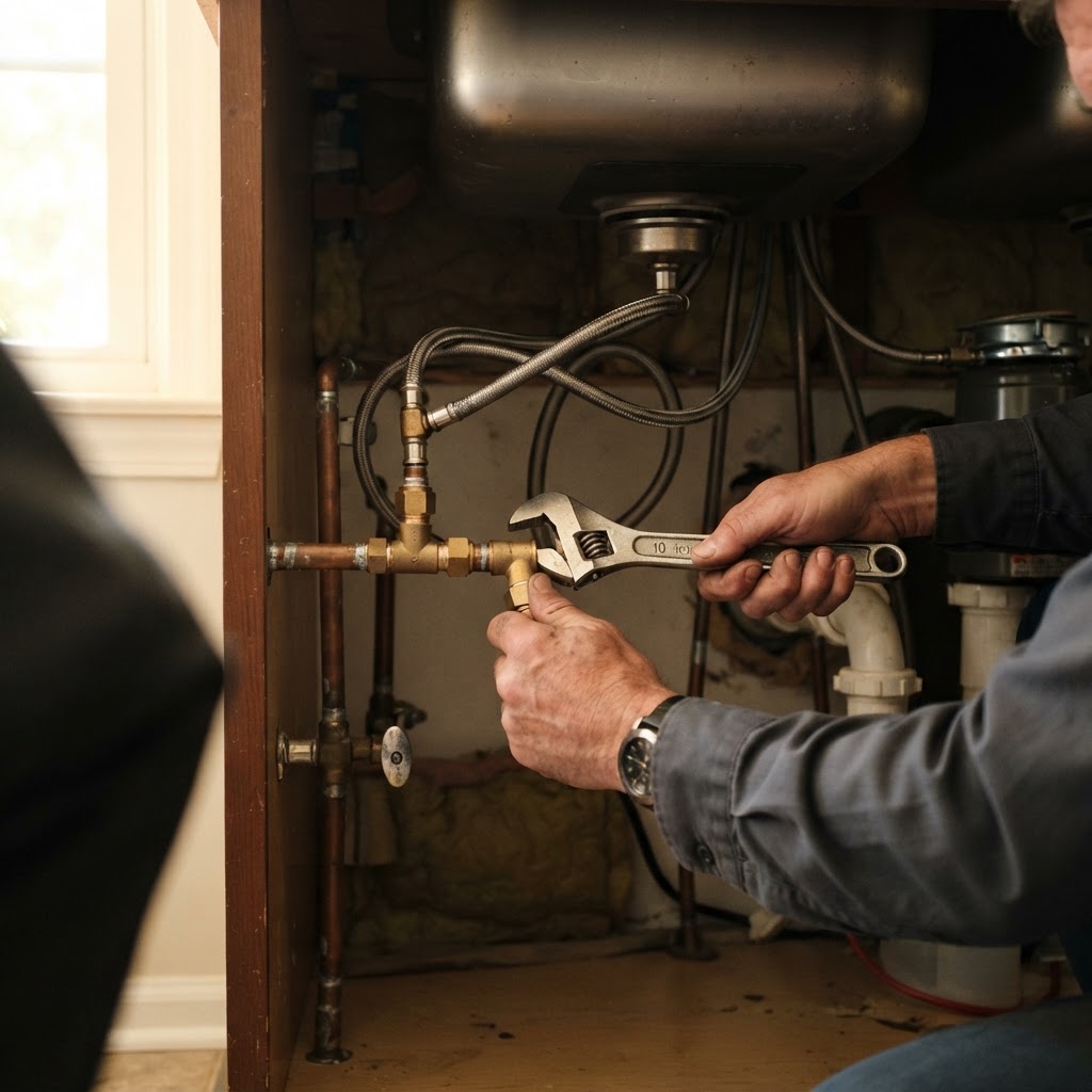 Plumber installing pipe fittings