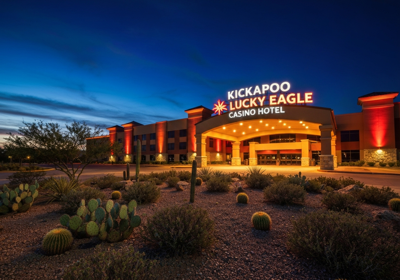 Kickapoo Lucky Eagle Casino Hotel exterior at twilight