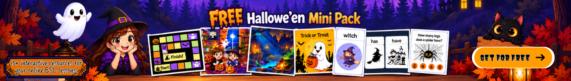 FREE Hallowe'en Mini Pack - 15+ interactive resources for your online ESL lessons! Get for Free
