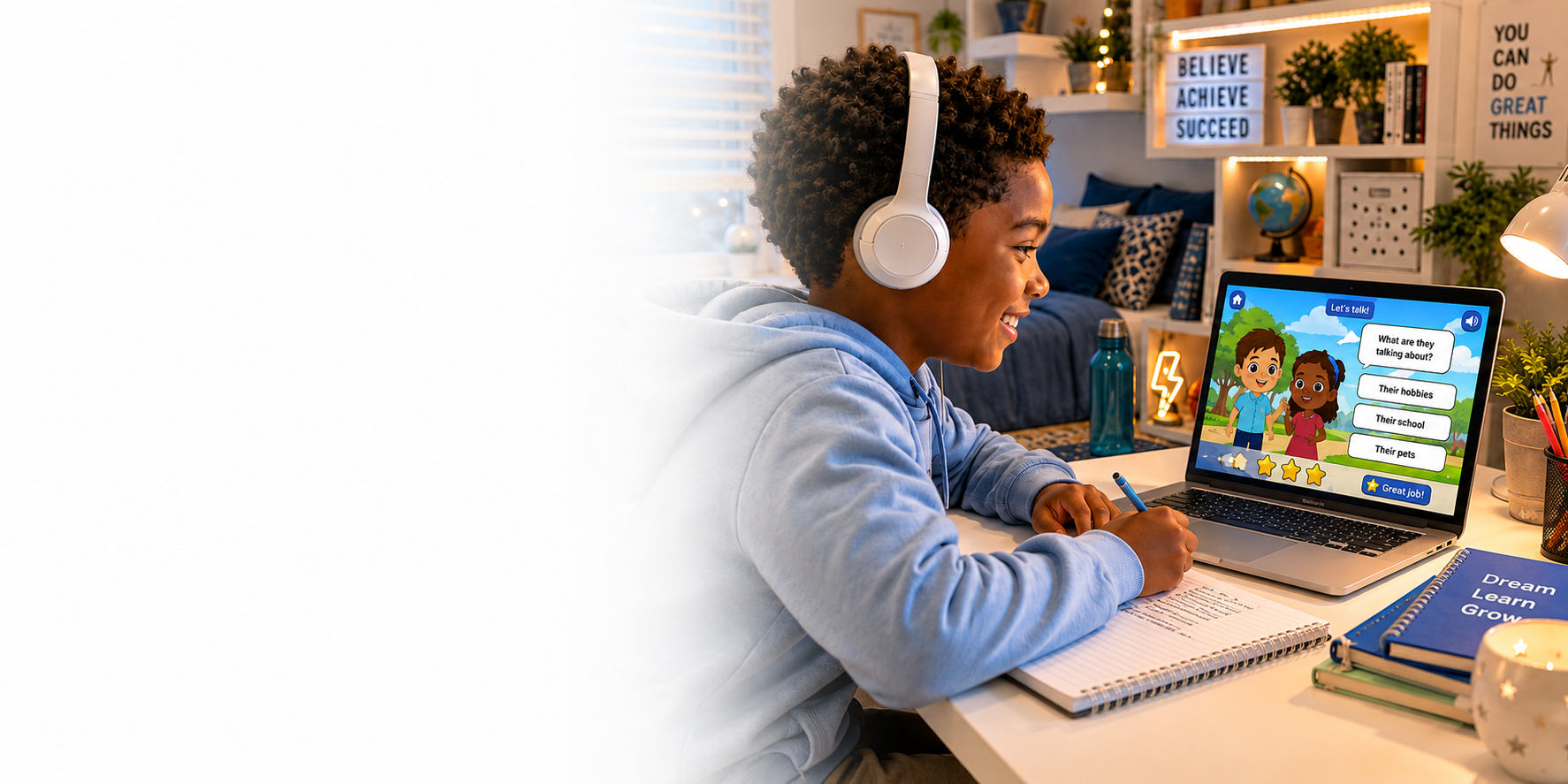 Happy child learning online