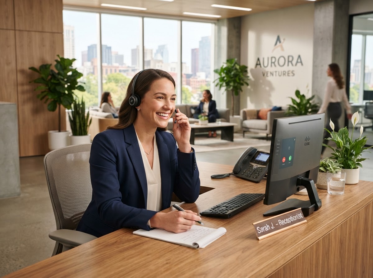 Professional receptionist answering calls in a modern office with Opterapro AI Voice Agent