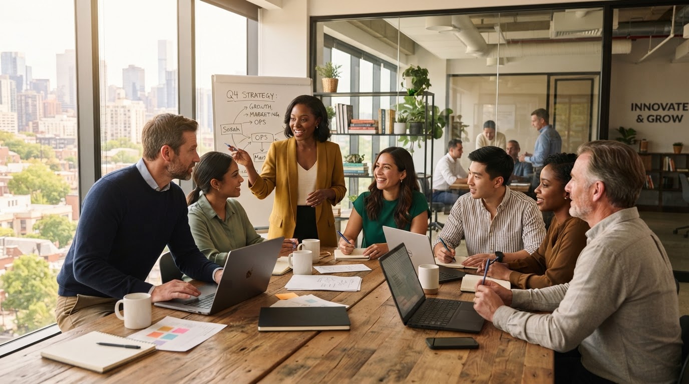 Business team meeting together to discuss growth strategy and automation in a modern office