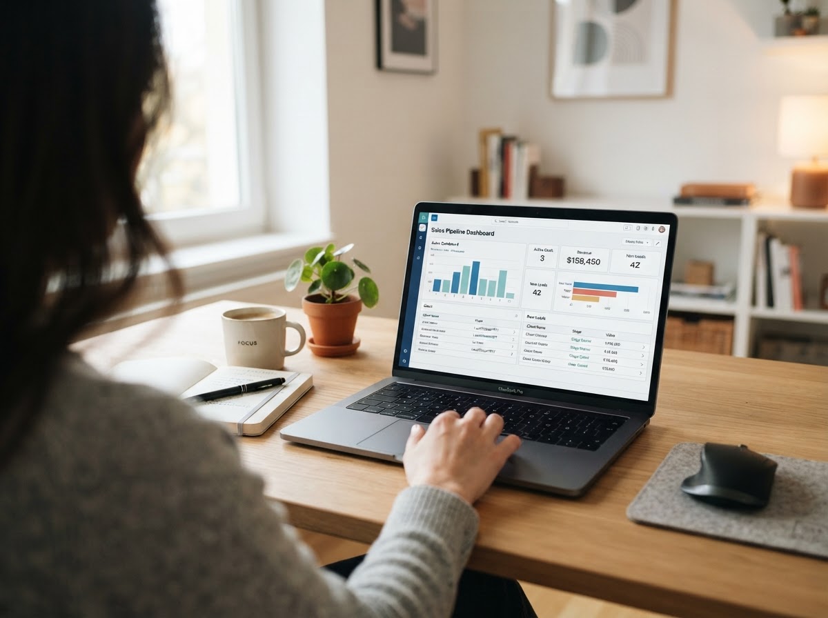 Clean workspace with a CRM dashboard screen showing automated lead tracking and pipeline management